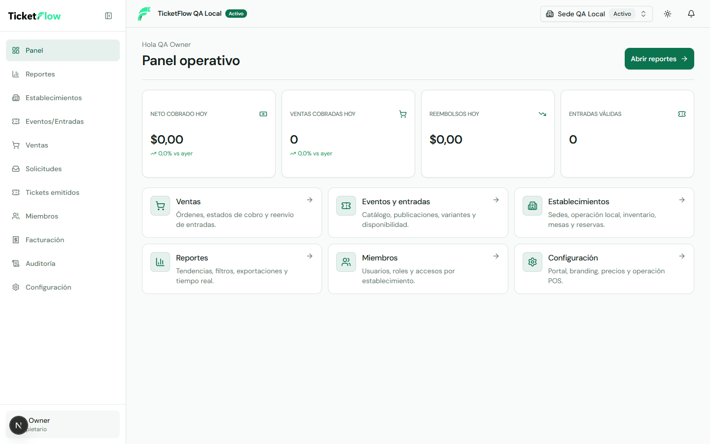 Panel operativo real de TicketFlow con métricas de ventas y accesos en QA