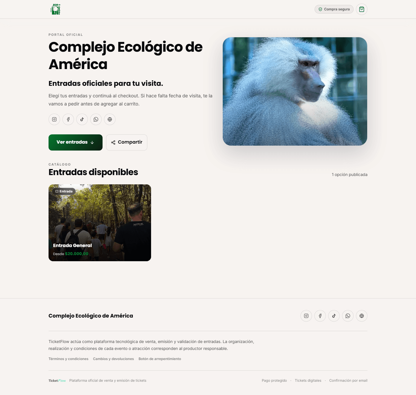 Portal público del Complejo Ecológico de América funcionando con TicketFlow