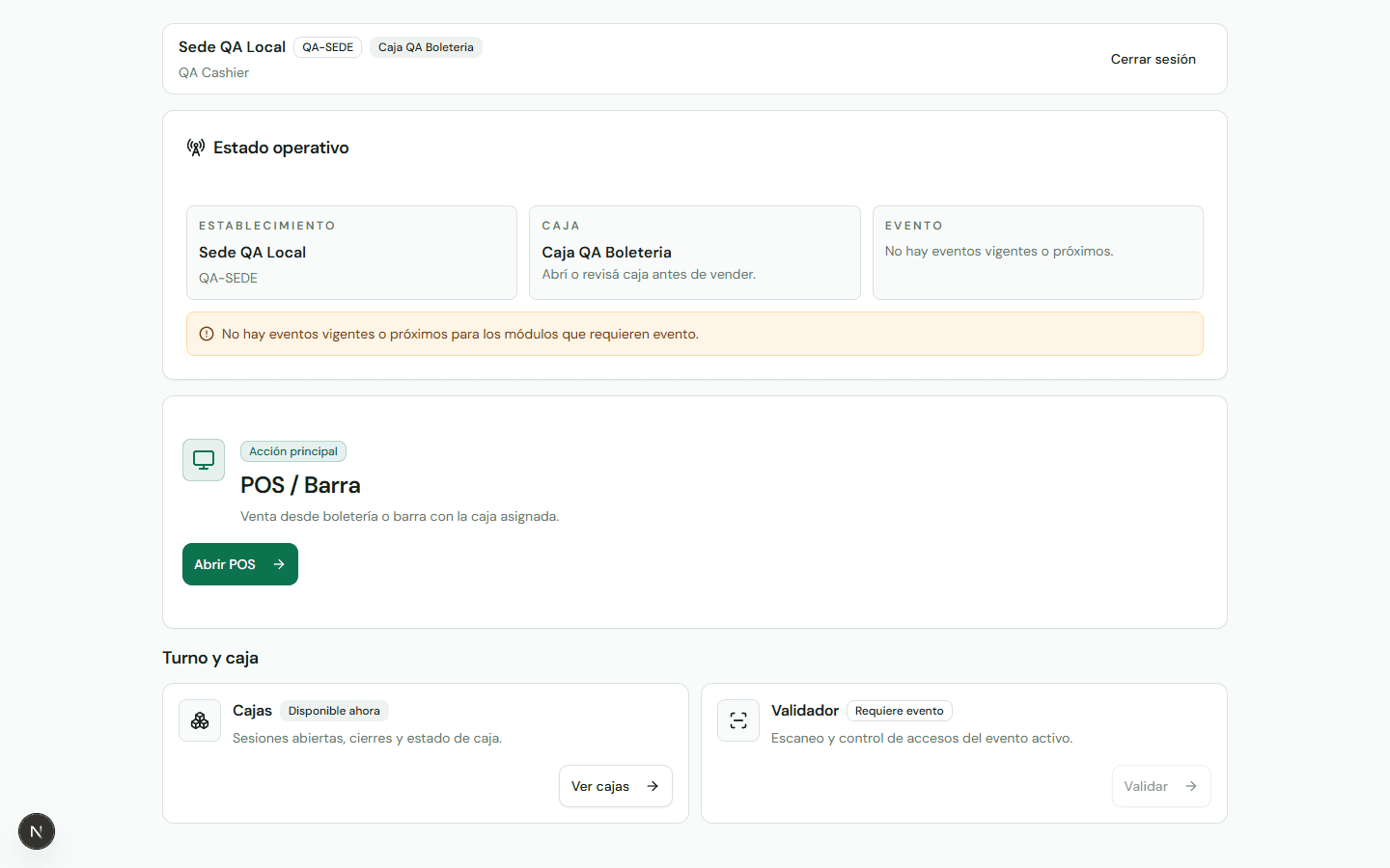 Menú operativo real de TicketFlow para caja, POS y validación en una sede de QA