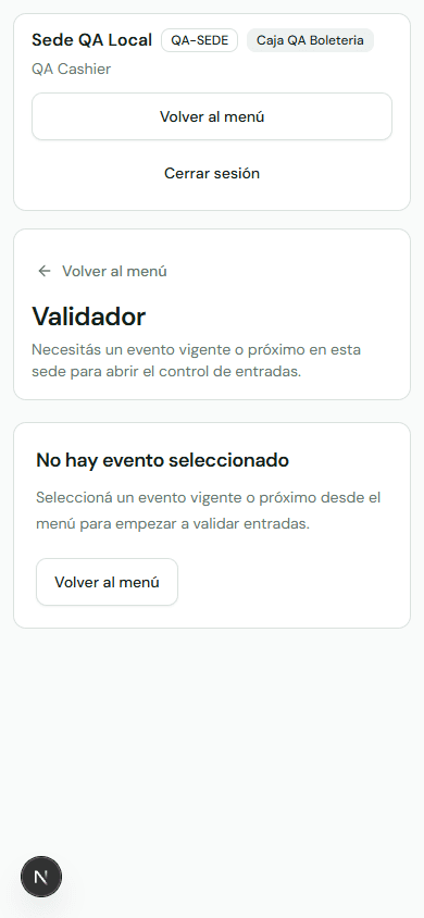 Vista móvil real del validador TicketFlow en un entorno de QA